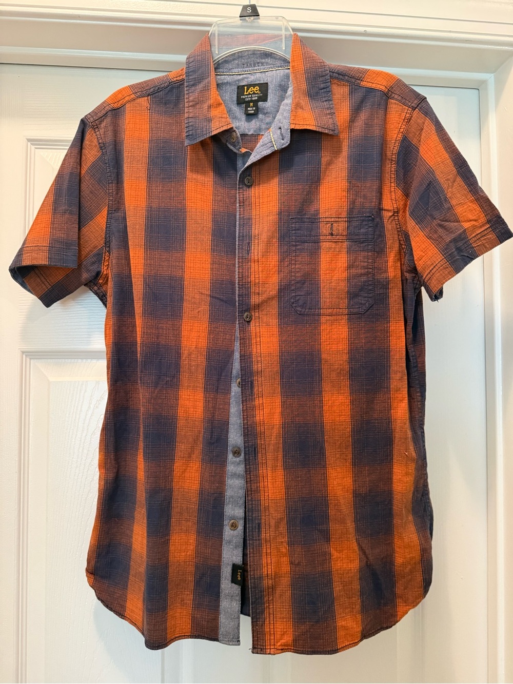 Lee Orange and Navy Plaid Short Sleeve Button-Up